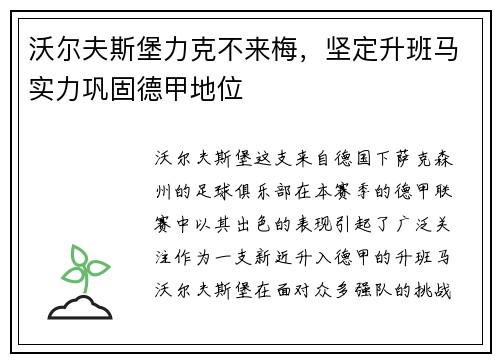 沃尔夫斯堡力克不来梅，坚定升班马实力巩固德甲地位